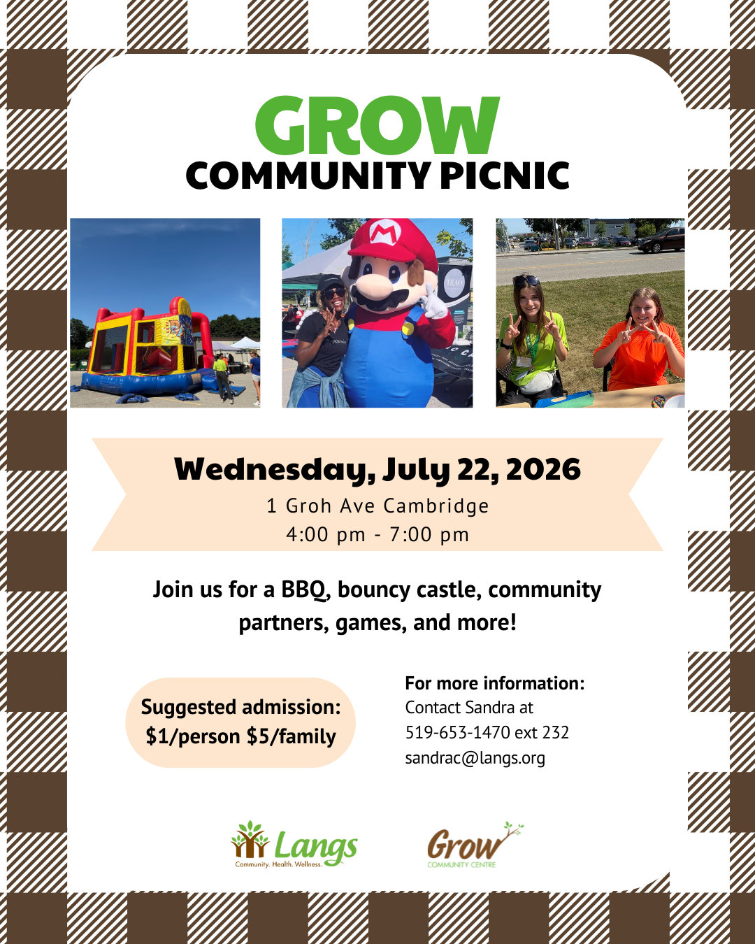 Brown picnic tablecloth background on a flyer with location and time details for the Grow picnic